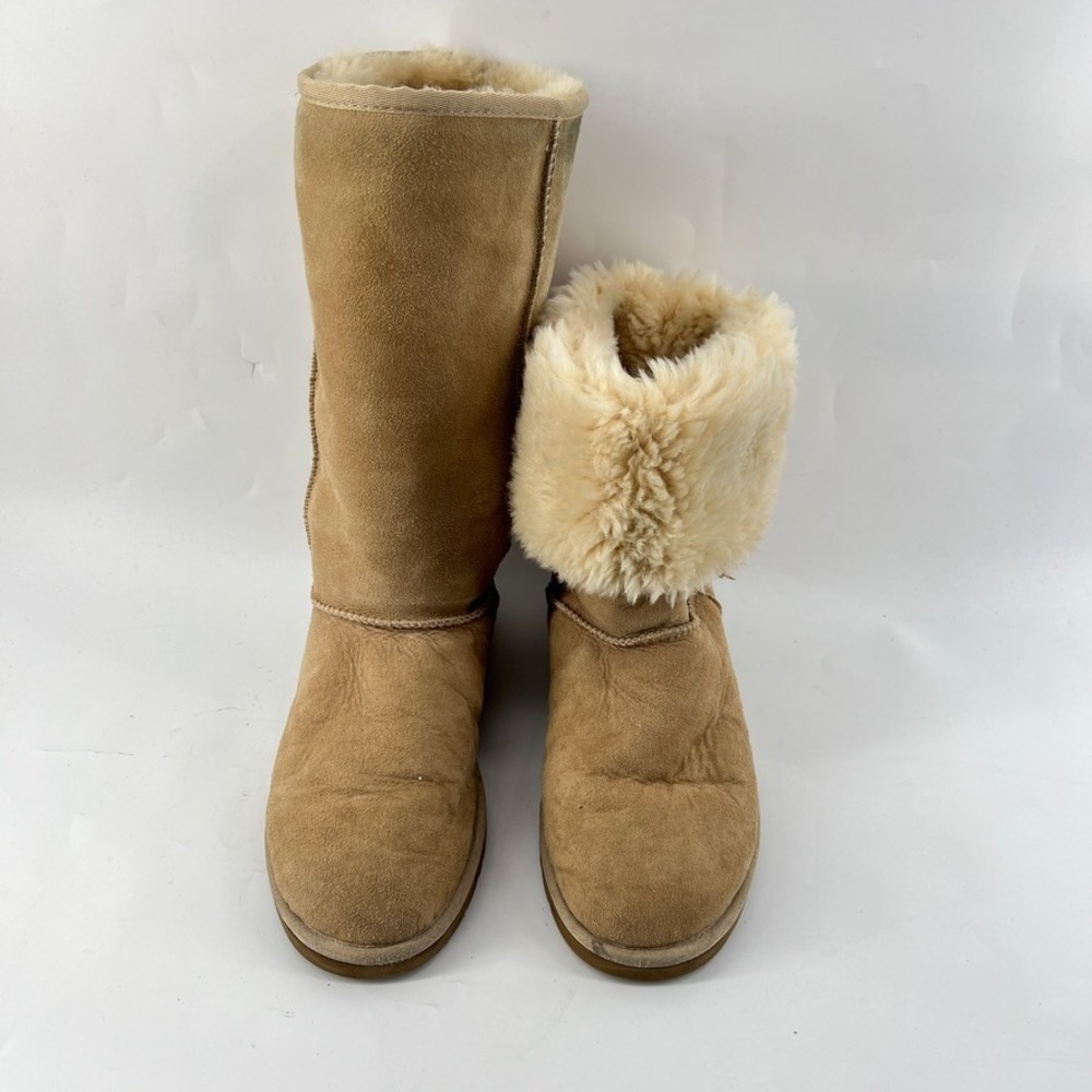 UGG Classic Tall Boots 5815 Womens 8 Suede Sheepskin Shearling Tan Beige Leather